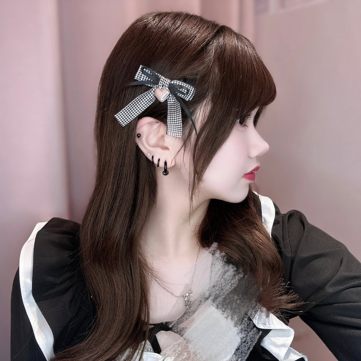 【Melsick】千鳥柄ハートチャームリボン - LAFARY ONLINE