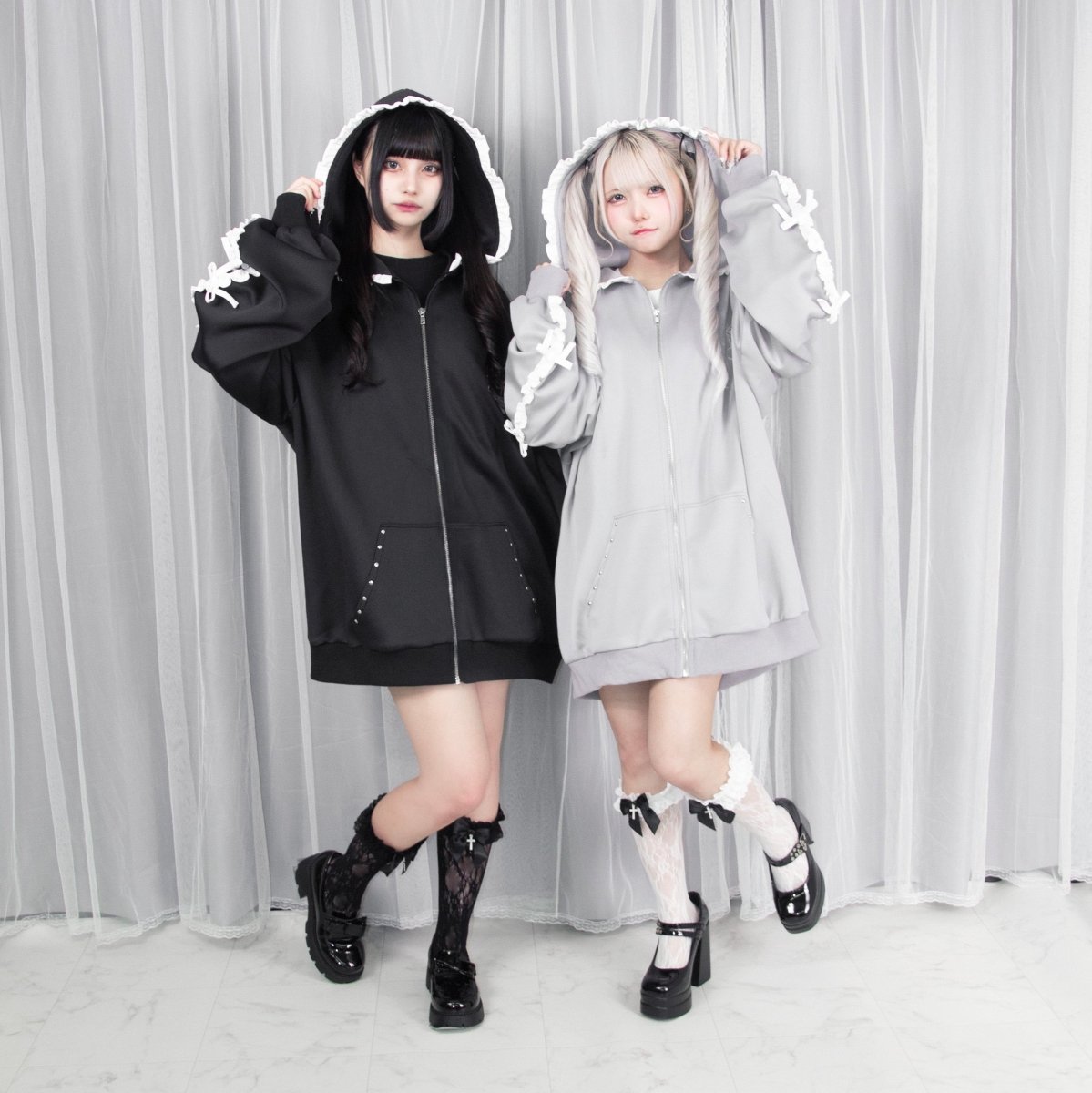 【Melsick】フリルラインリボンパーカー - Black - LAFARY ONLINE