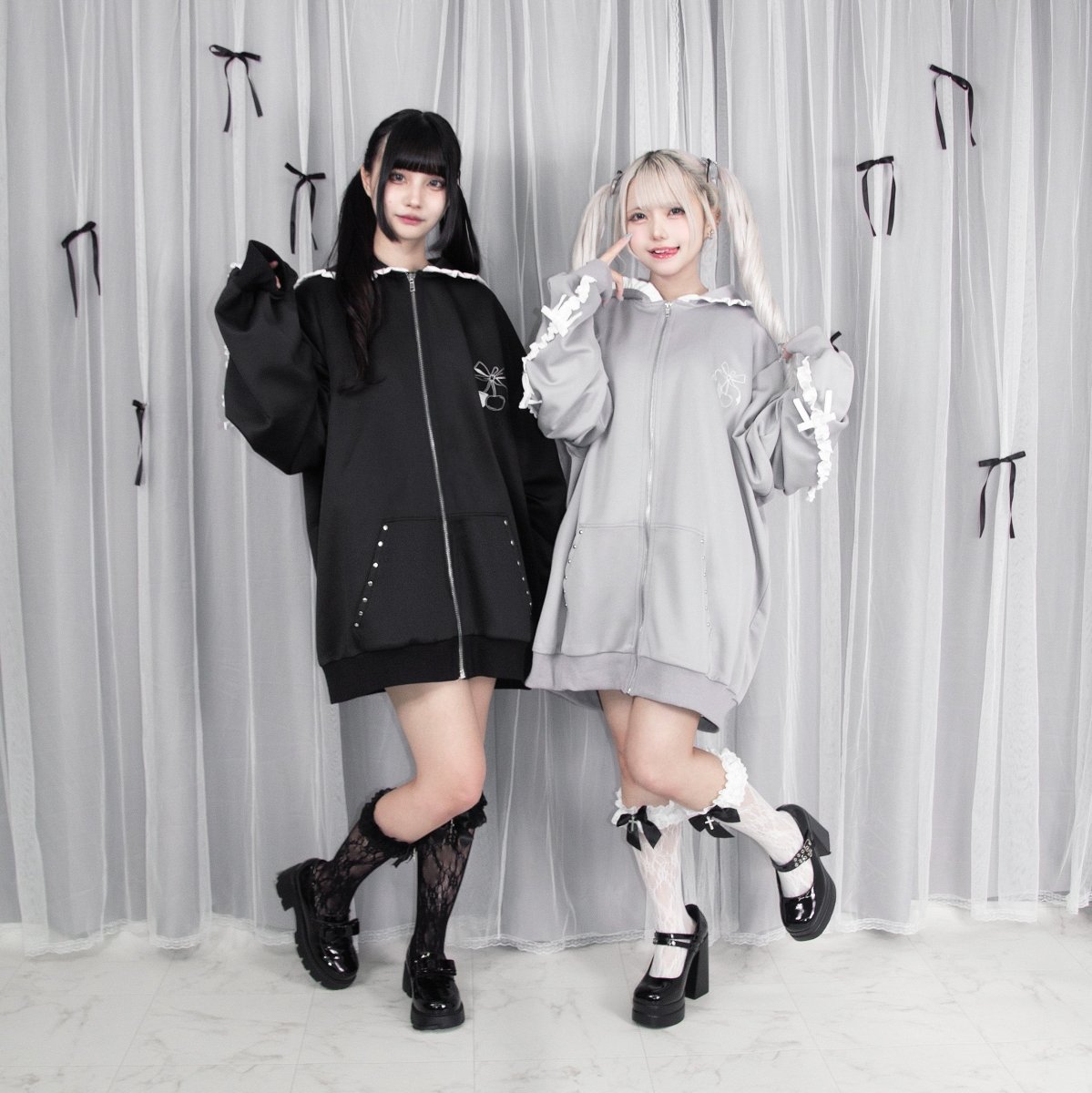 【Melsick】フリルラインリボンパーカー - Black - LAFARY ONLINE
