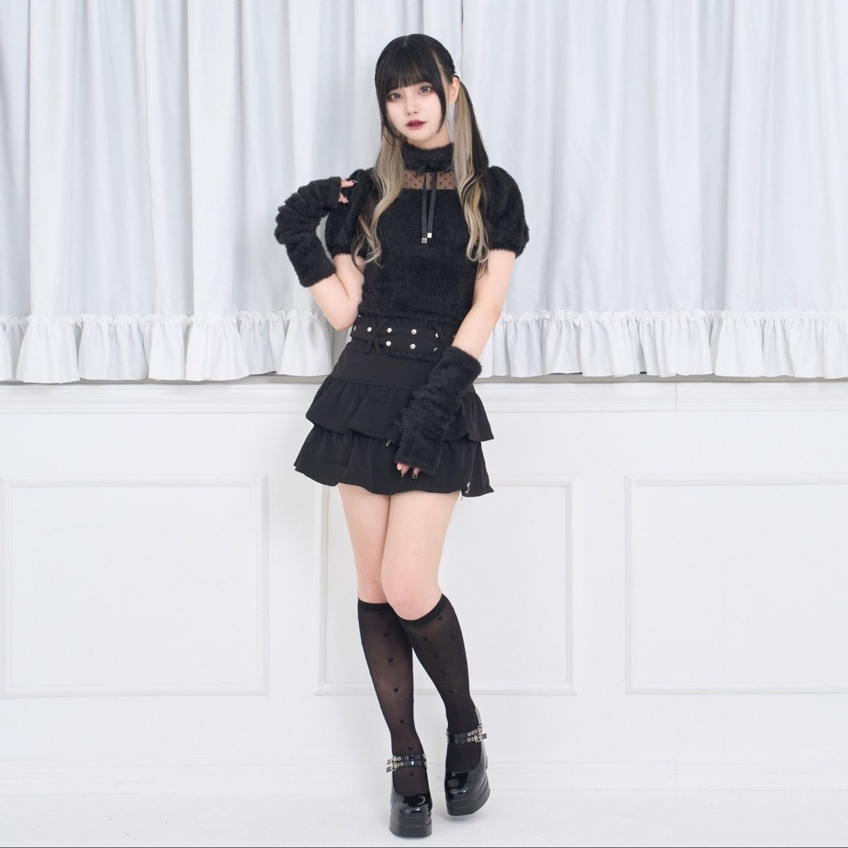 【Melsick】アームカバー付きファートップス - Black - LAFARY ONLINE