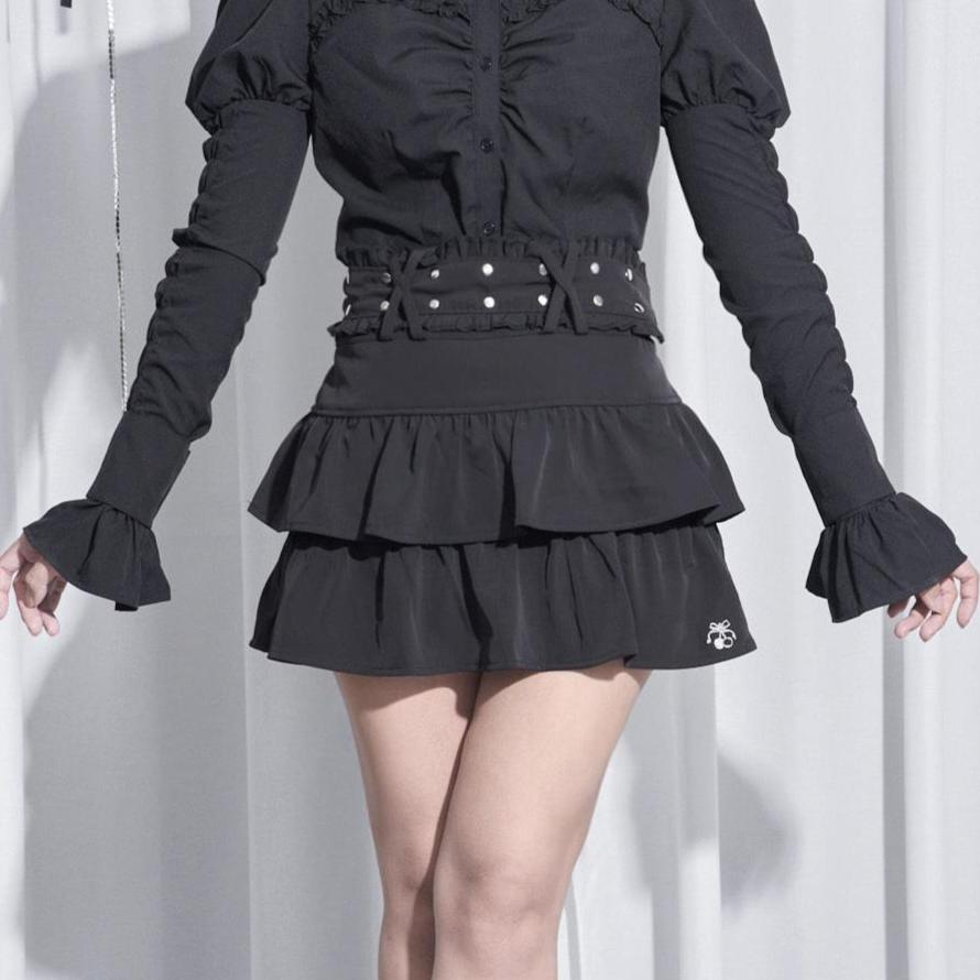 【Melsick】ベルトフリルスカート - Black - LAFARY ONLINE