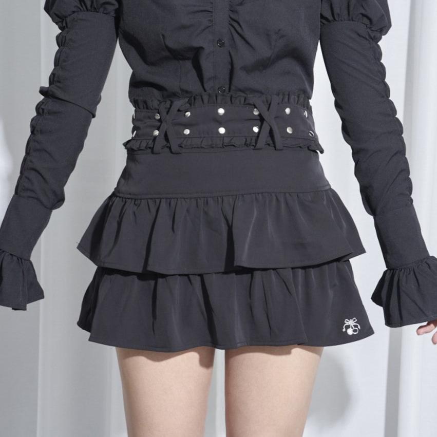 【Melsick】ベルトフリルスカート - Black - LAFARY ONLINE