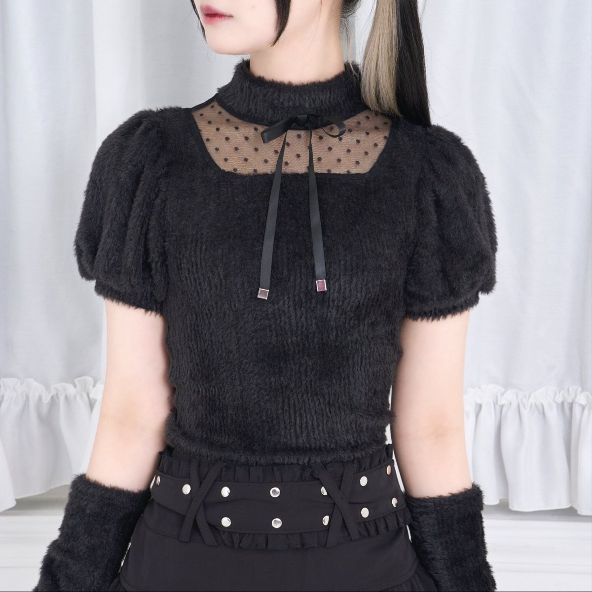 【Melsick】アームカバー付きファートップス - Black - LAFARY ONLINE