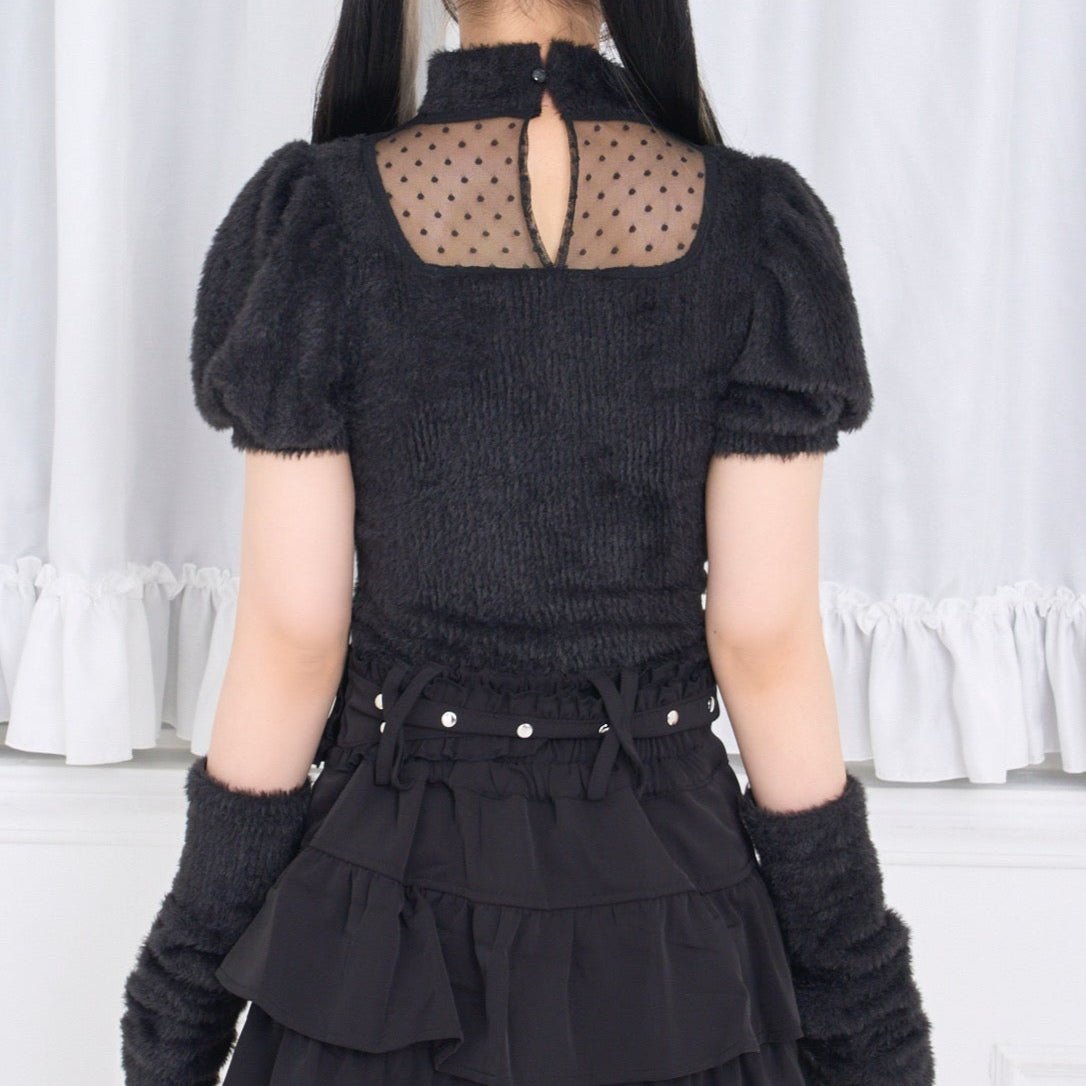 【Melsick】アームカバー付きファートップス - Black - LAFARY ONLINE