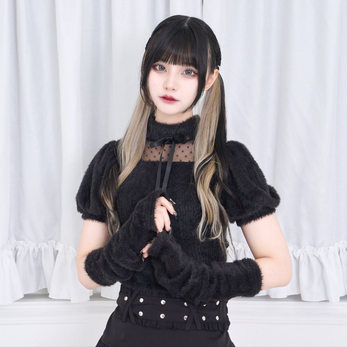 【Melsick】アームカバー付きファートップス - Black - LAFARY ONLINE
