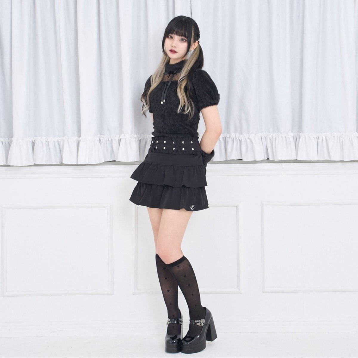【Melsick】アームカバー付きファートップス - Black - LAFARY ONLINE