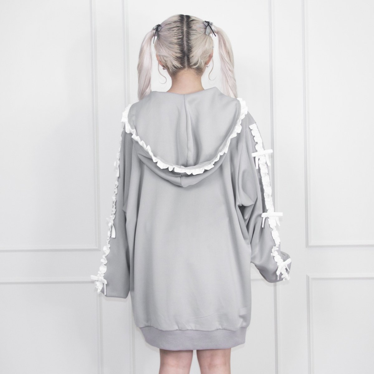 【Melsick】フリルラインリボンパーカー - Gray - LAFARY ONLINE