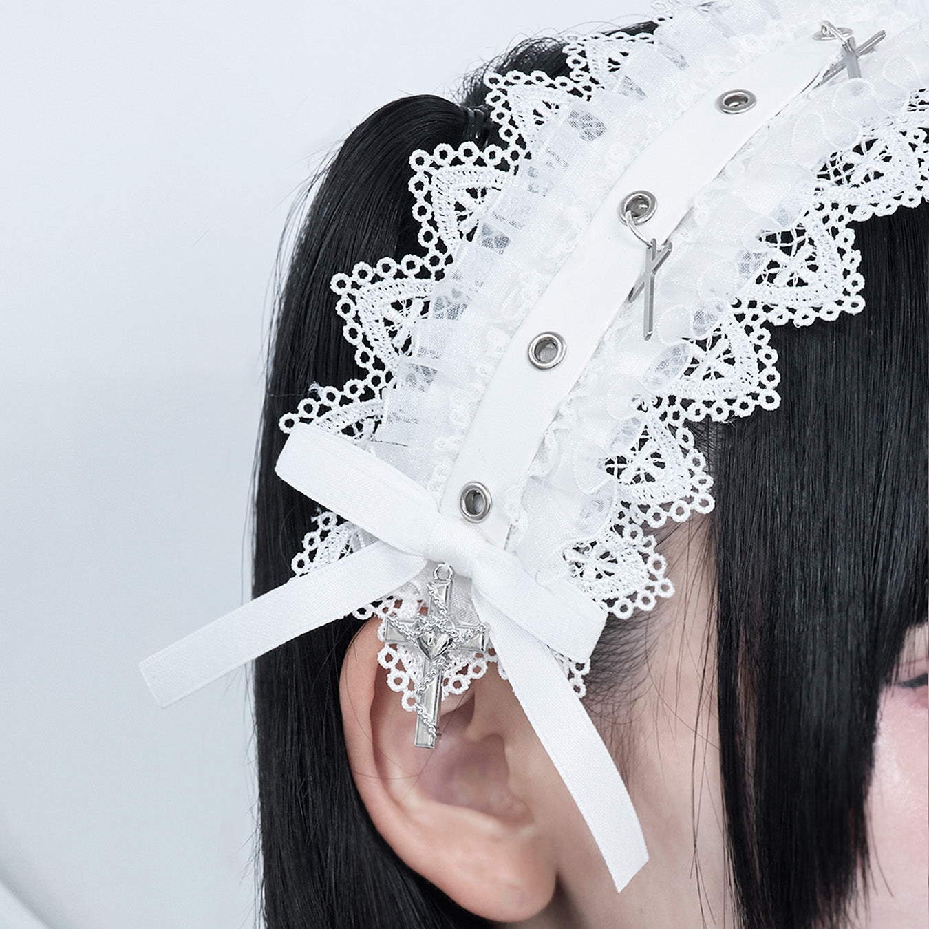 クロスアーチレースツイルヘッドドレス　白黒 mine》クロスレースヘッドドレス- LAFARY ONLINE