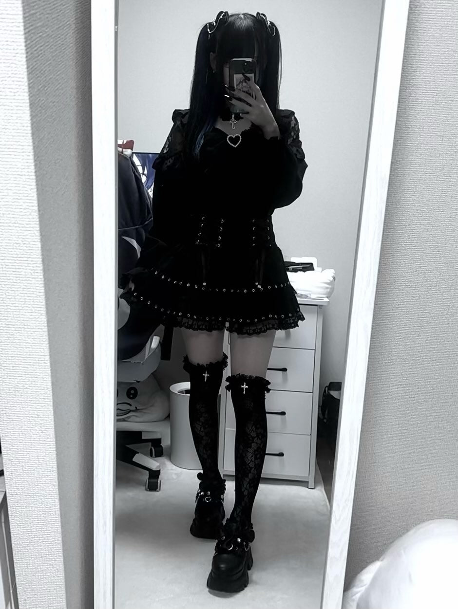 《mine》ロッククロスリボンレースソックス[オーバーニー]