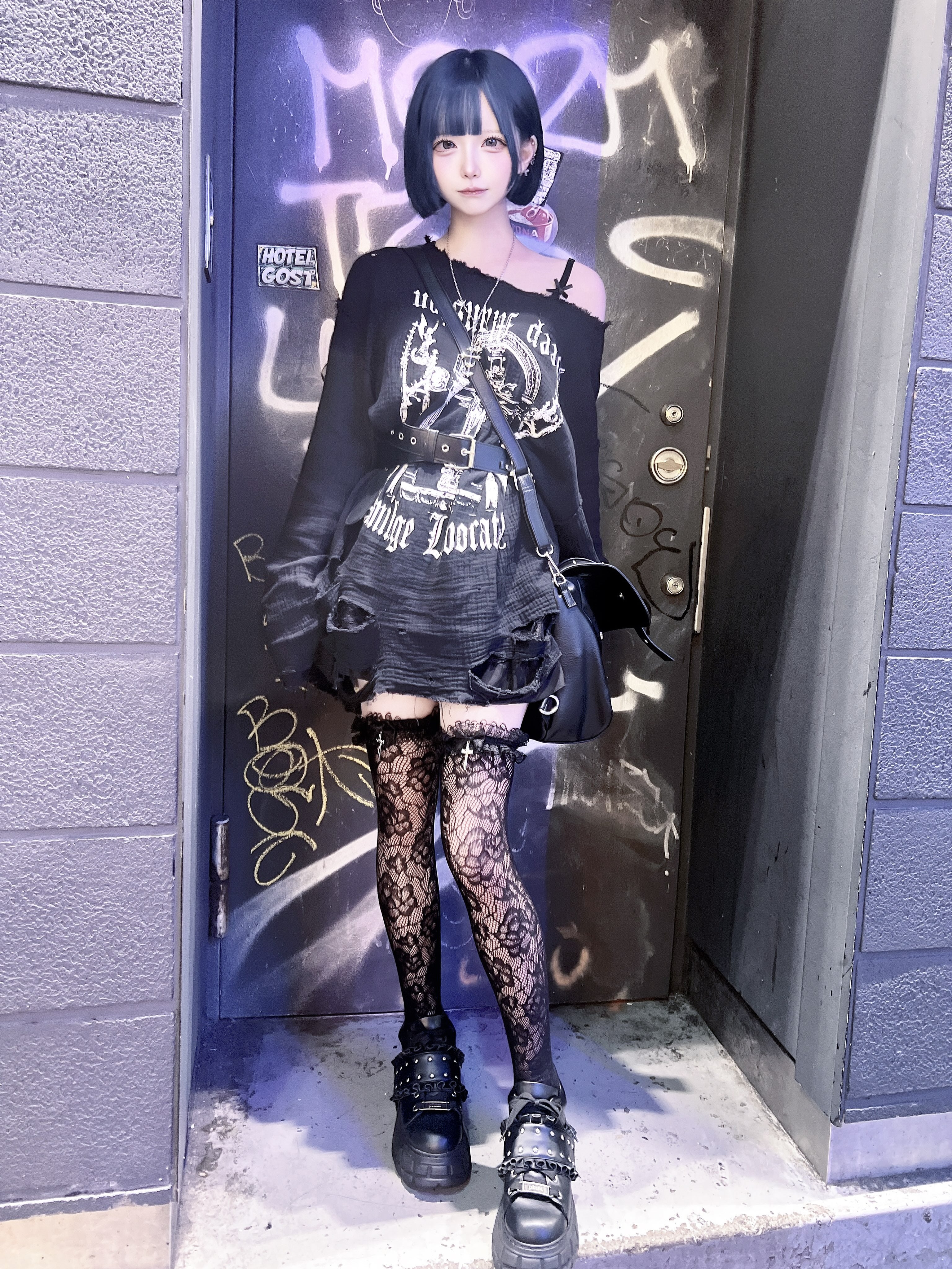 《mine》ロッククロスリボンレースソックス[オーバーニー]