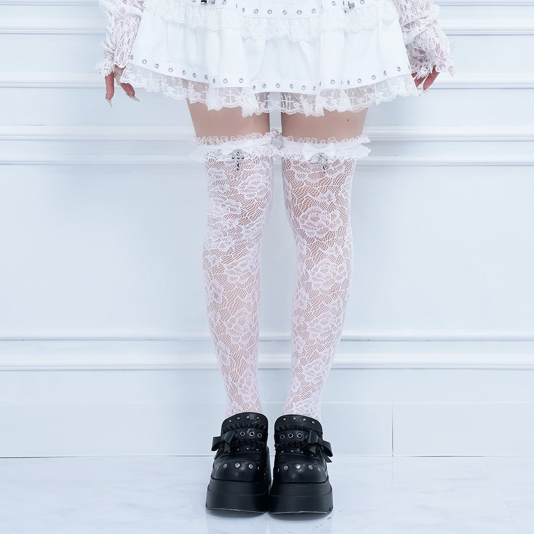 mine》ロッククロスリボンレースソックス[オーバーニー]- LAFARY ONLINE