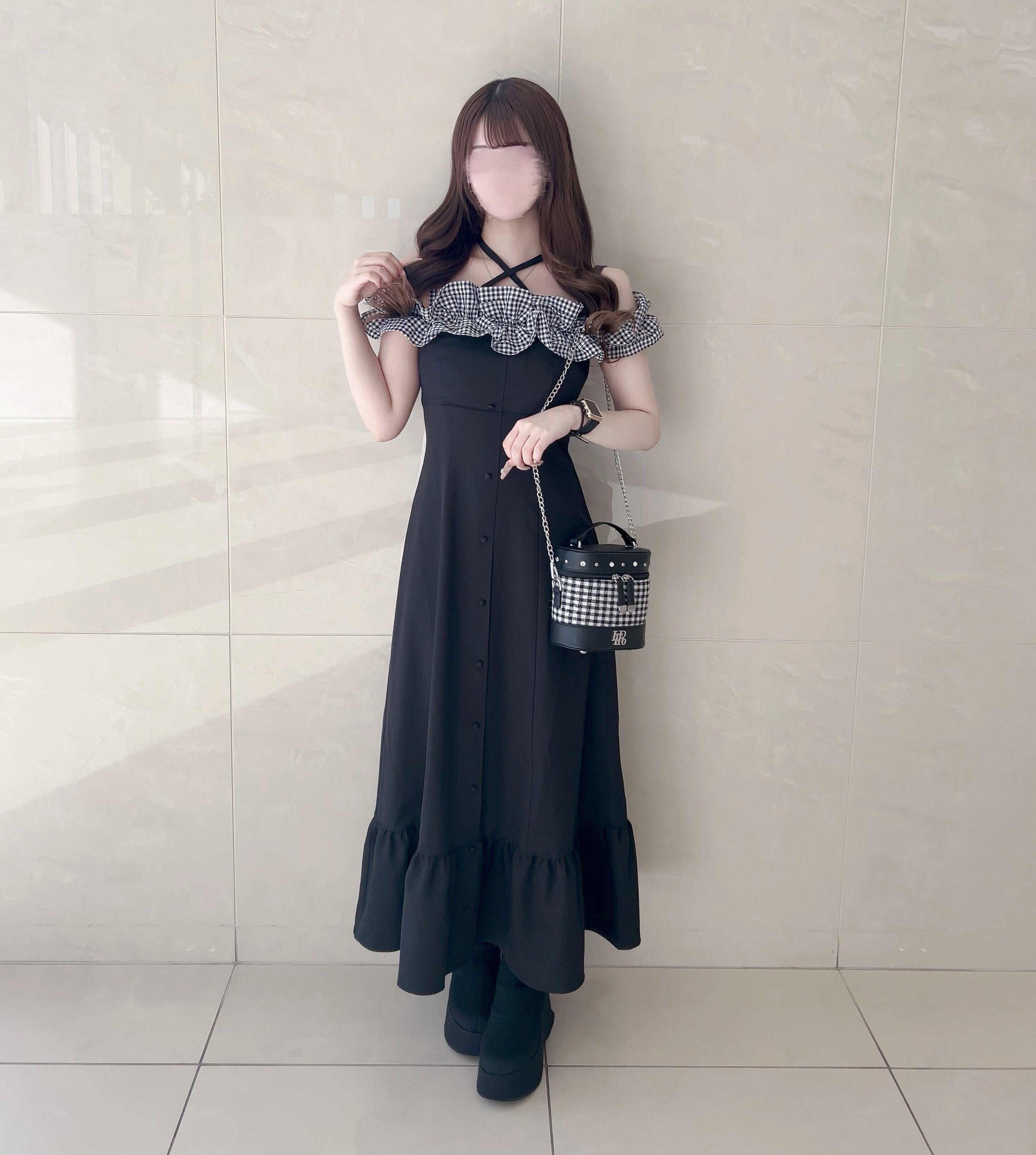 《LAFARY closet》ギンガムオフショルロングワンピース