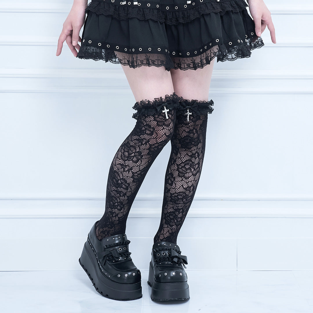 《mine》ロッククロスリボンレースソックス[オーバーニー]