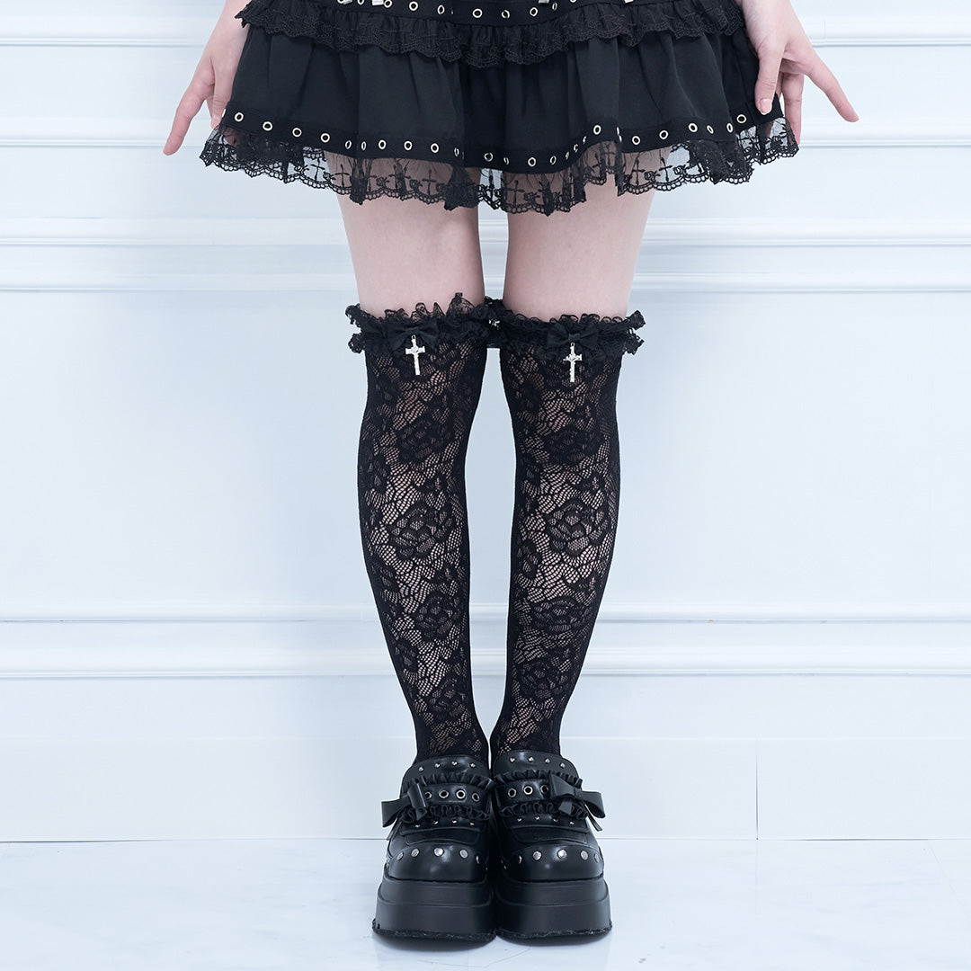 《mine》ロッククロスリボンレースソックス[オーバーニー]