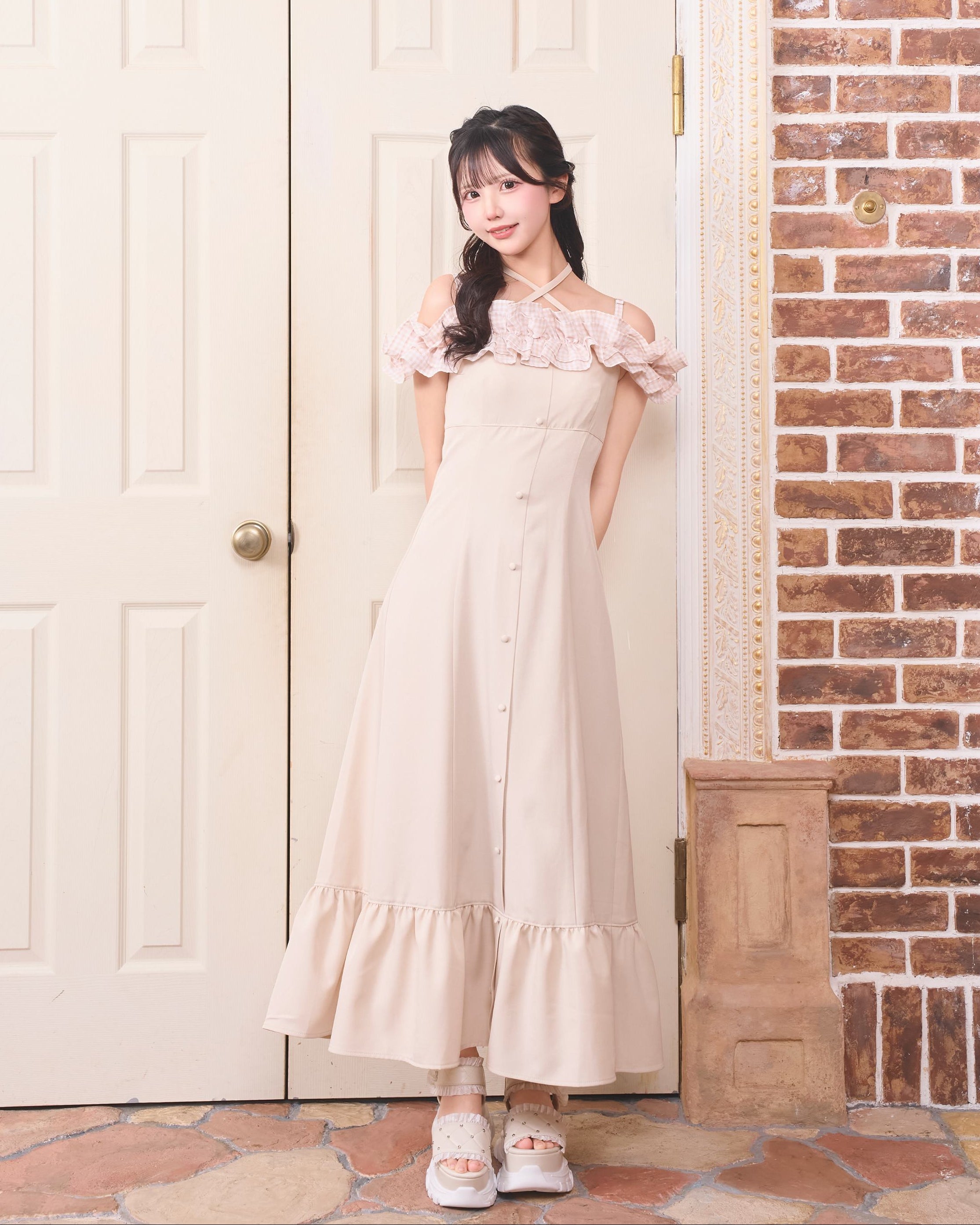 《LAFARY closet》ギンガムオフショルロングワンピース